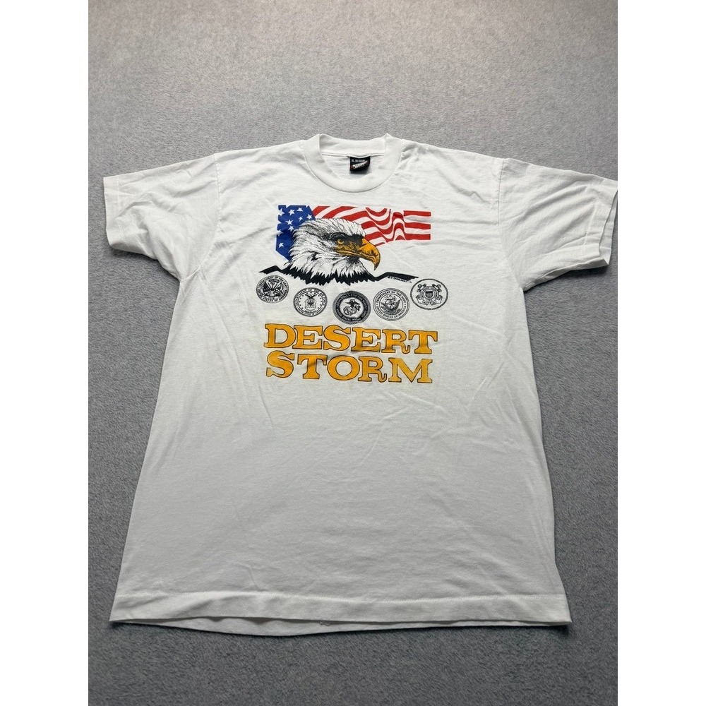 Vintage 90s Desert Storm T Shirt XL White Eagle American Flag Military 1991